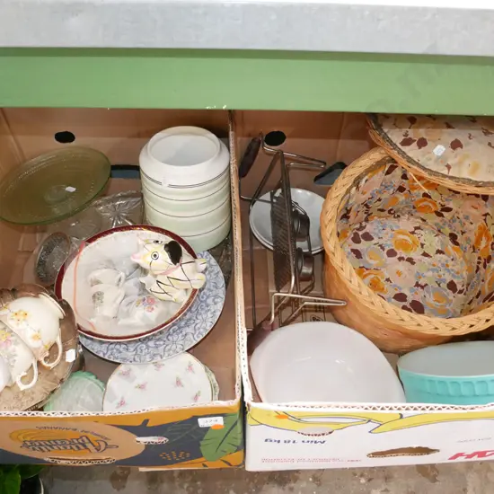 2x boxes; cane box, cake stand, cups, pyrex dish etc -orange dots