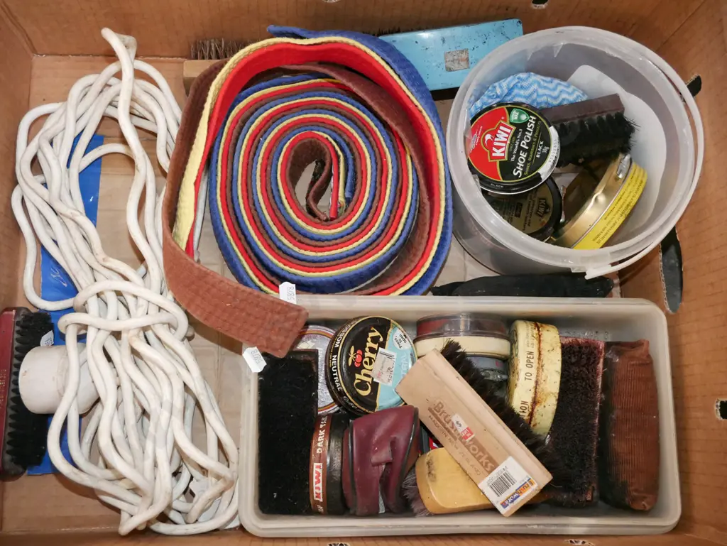 box; extension cord, shoe polish brushes, various martial arts coloured belts Image 1++