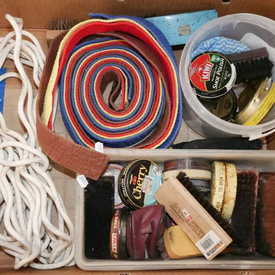 box; extension cord, shoe polish brushes, various martial arts coloured belts