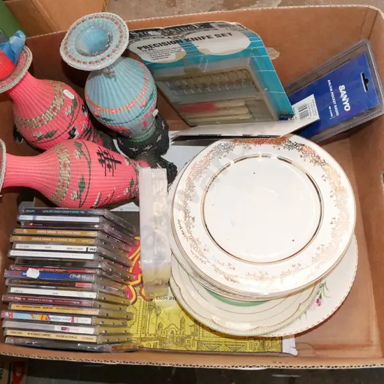box; woven plastic vases, CDs, plates, knife set etc