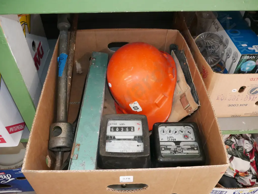 box; builder's belt, hard hat, electrical meters etc Image 1++