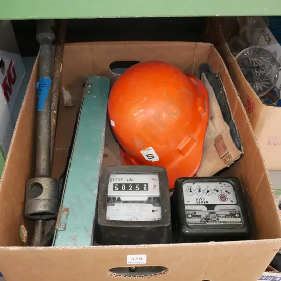 box; builder's belt, hard hat, electrical meters etc