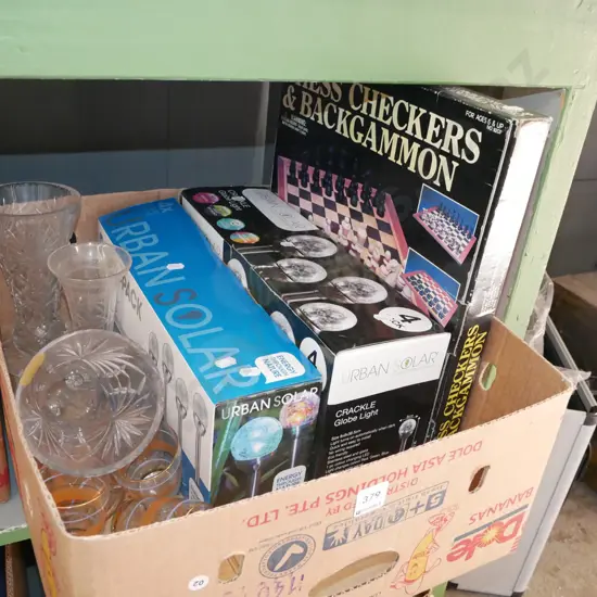 box; slar powered lighting, checkers, glassware 