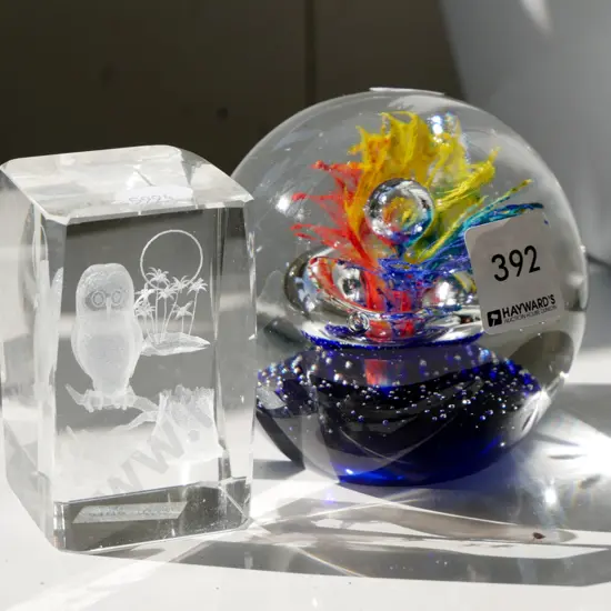 lazer etched owl, art glass paperweight