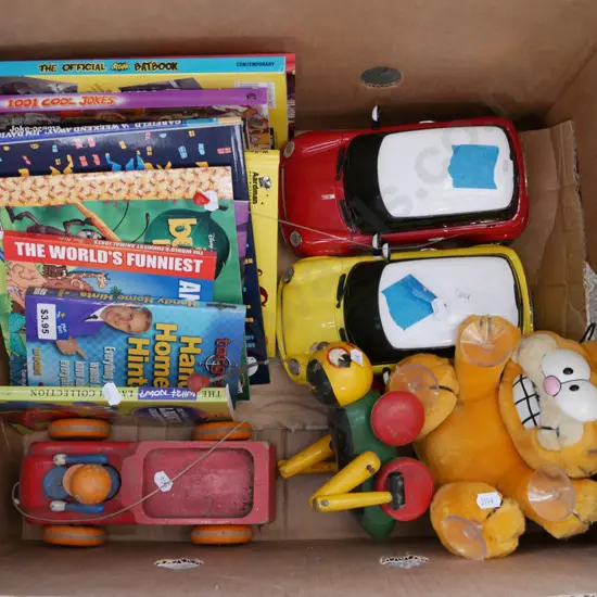 box; 2x remote vehicles, books, toys