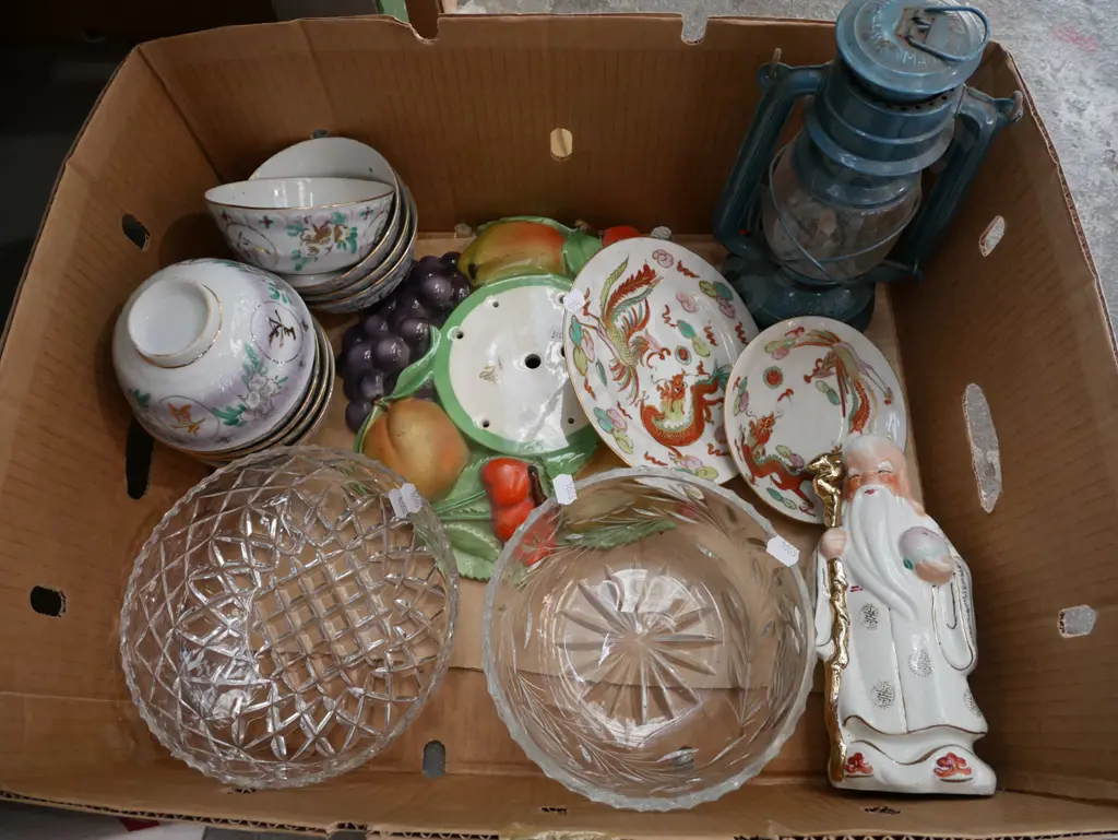 box; hurricane lantern, Asian soup bowls, good fortune figurine etc Image 1++