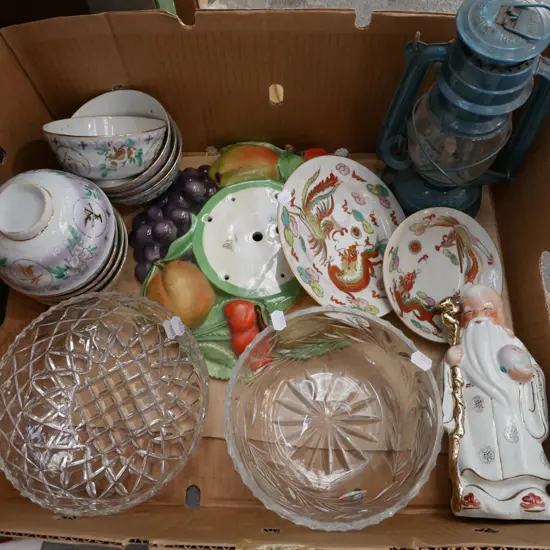 box; hurricane lantern, Asian soup bowls, good fortune figurine etc