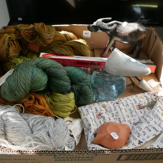 box; knives, knitting yarn, shoe form etc