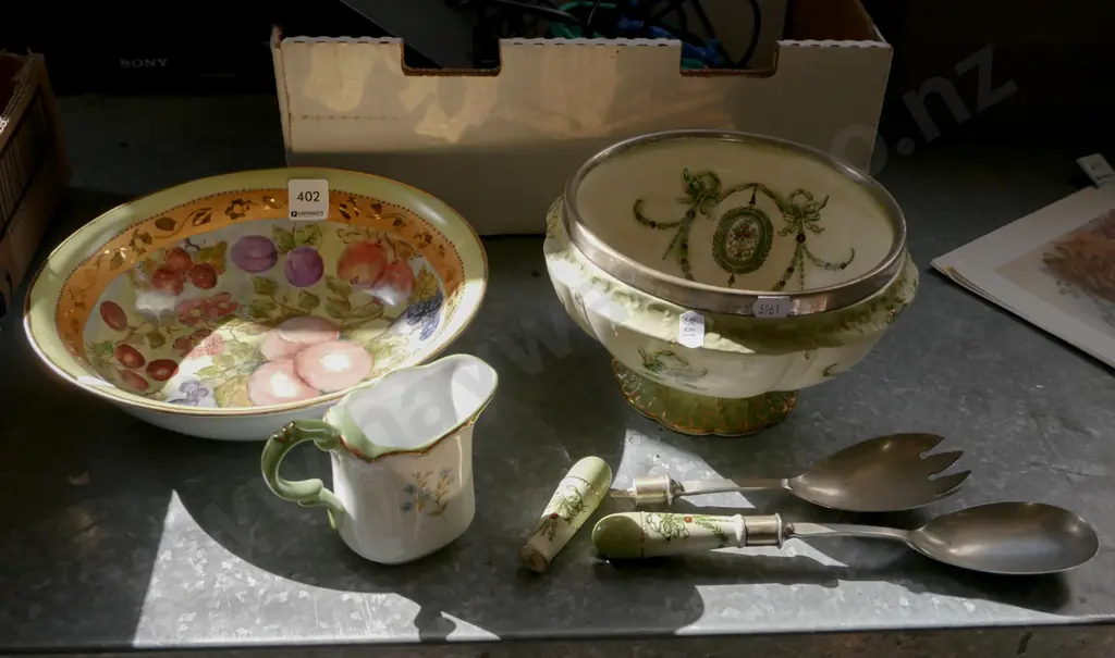 salad bowl and servers - some damage, creamer, hand painted bowl Image 1++