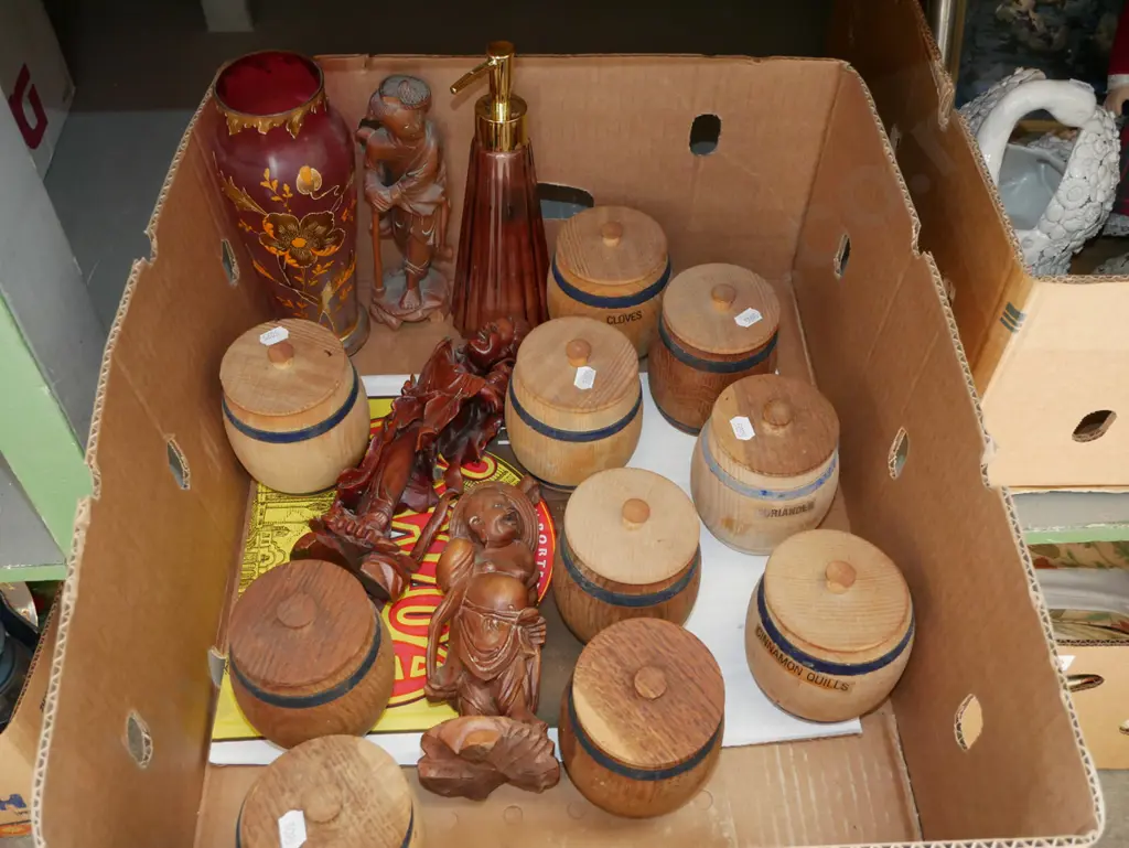 box; wooden storage canisters, hand painted vase etc Image 1++