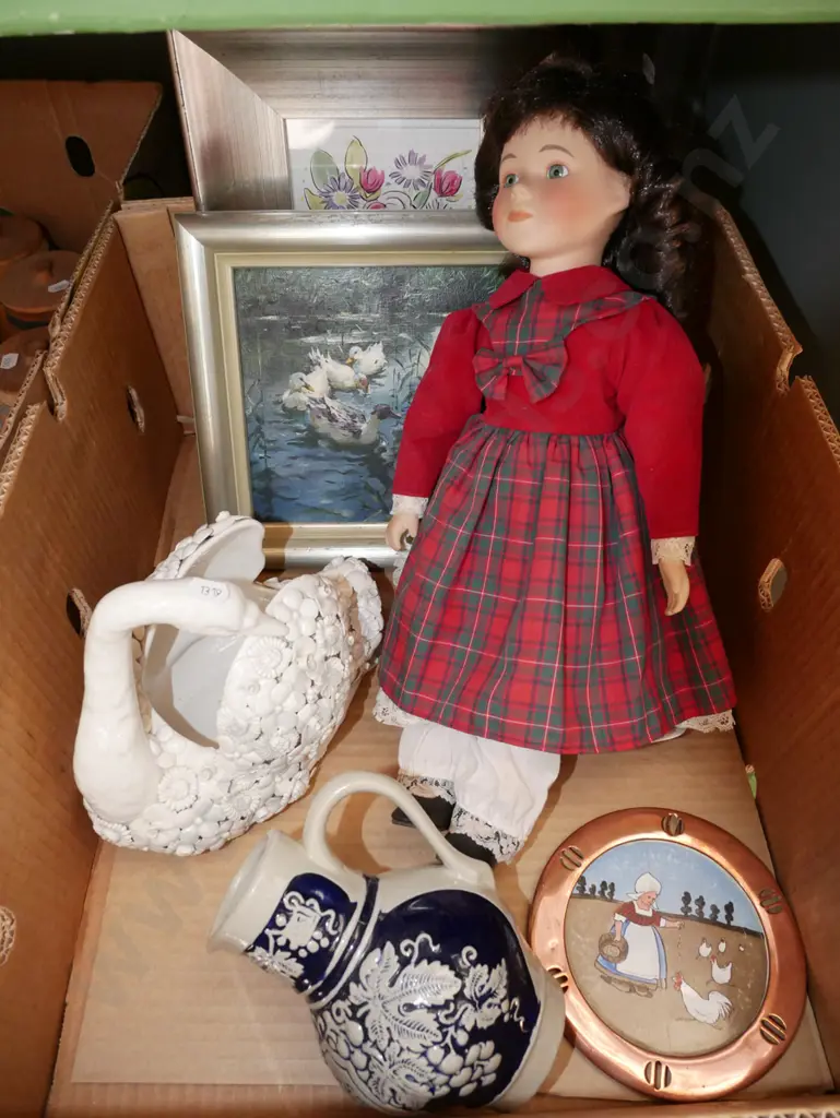 box, prints, swan vase, porcelain doll etc Image 1++