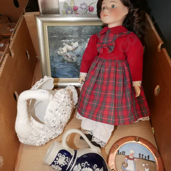 box, prints, swan vase, porcelain doll etc