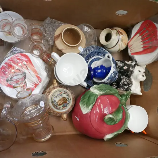 box; decanter, lidded canister, cups, baking shells