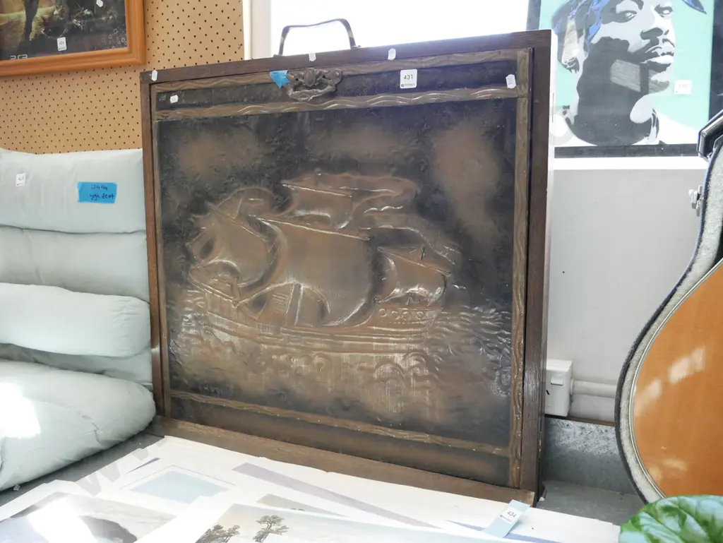 beaten brass galleon themed fire screen Image 1++