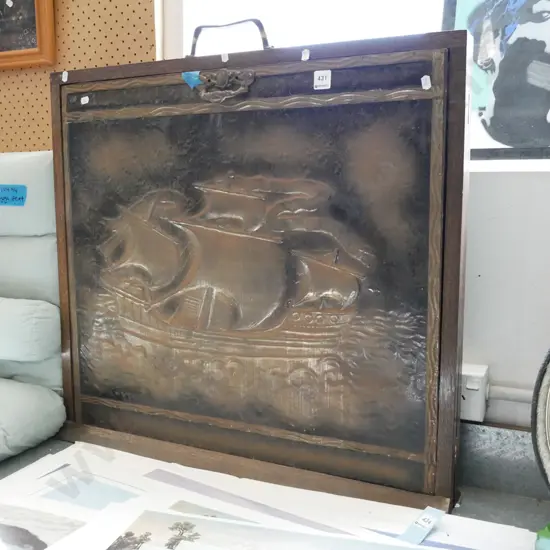 beaten brass galleon themed fire screen