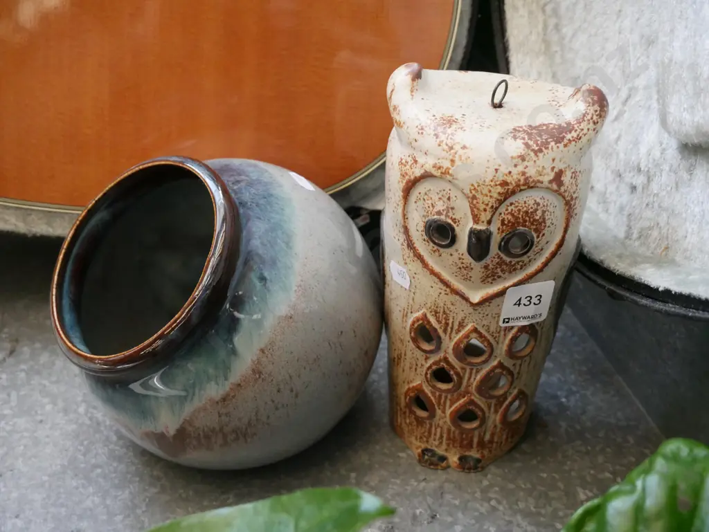 studio pottery owl hanging tea candle lantern, open storage canister Image 1++