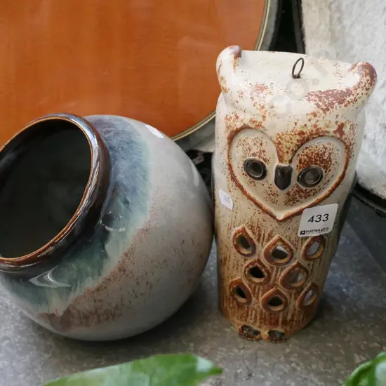studio pottery owl hanging tea candle lantern, open storage canister