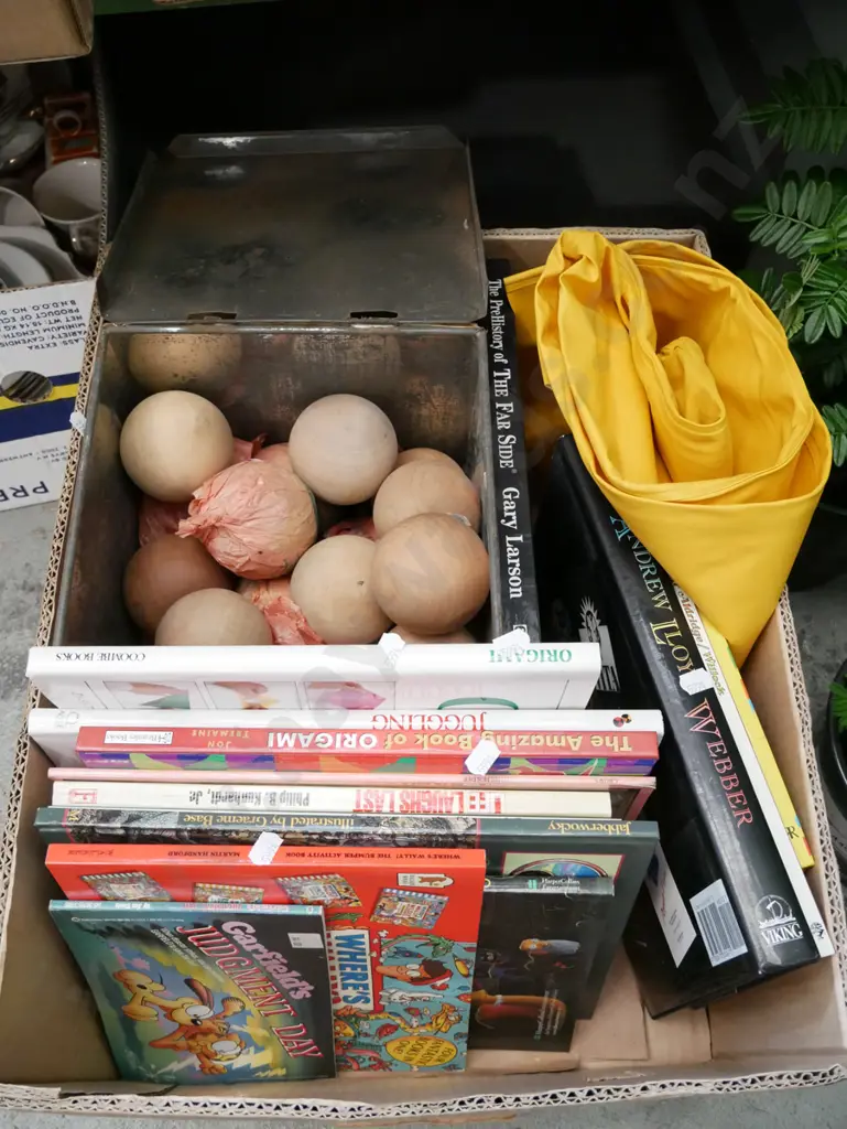 box; books, wooden balls, biscuit tin etc Image 1++