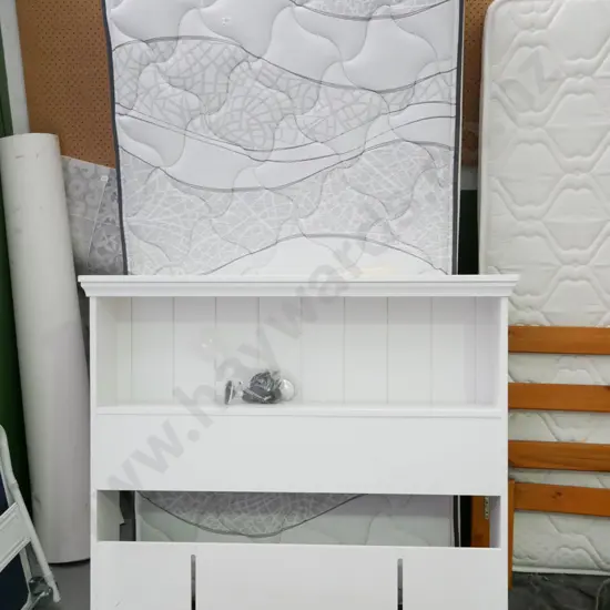 king single bed base, mattress and  headboard with shelf