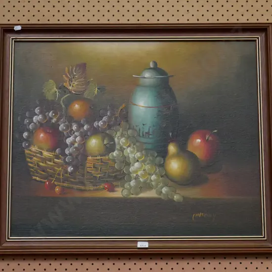 framed oil - still life fruit and canister