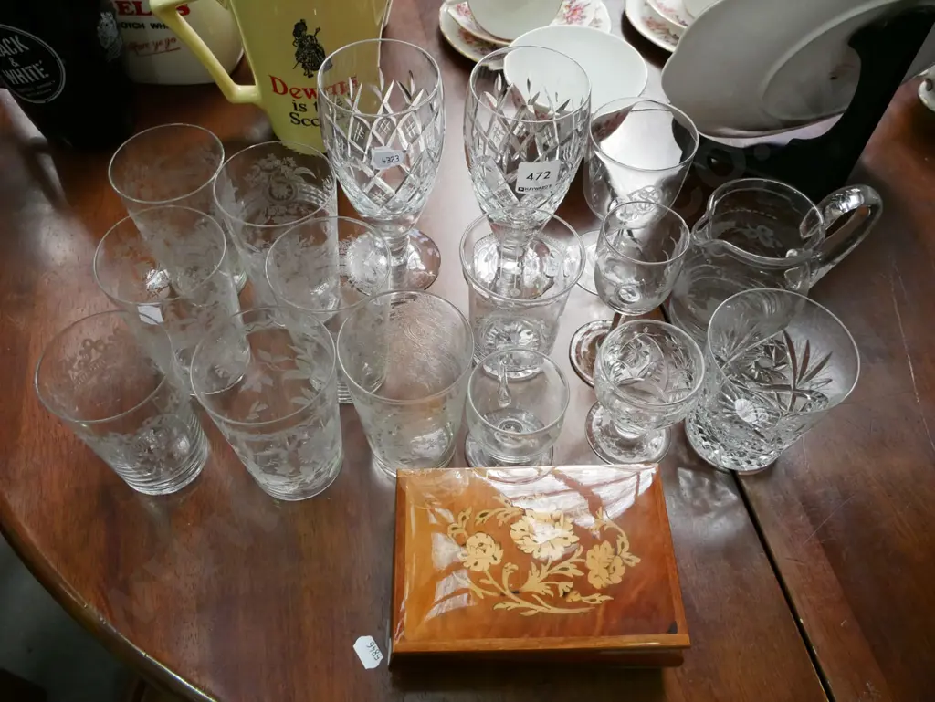 glass ware; Edwardian etched tumblers, cut crystal wine glasses, Sorrento style trinket box Image 1++