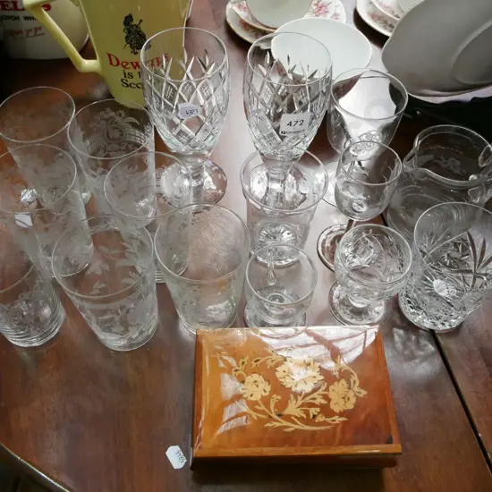 glass ware; Edwardian etched tumblers, cut crystal wine glasses, Sorrento style trinket box