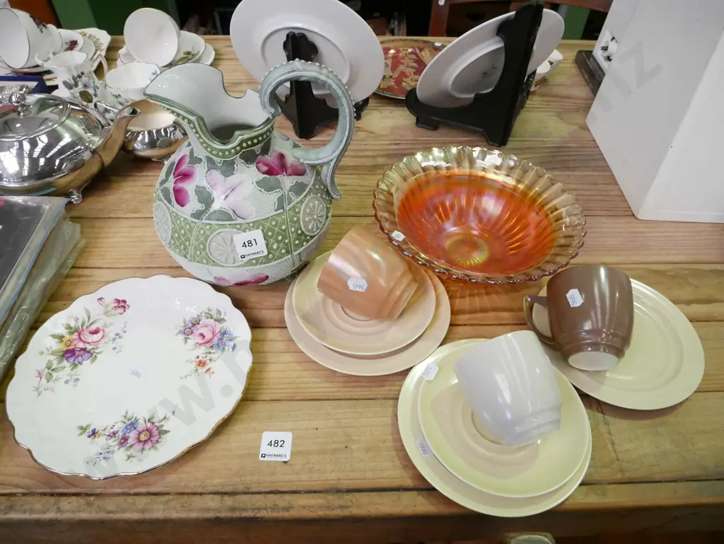 3x Branksome trios, ornate jug, amber glass bowl, Aynsley plate Image 1++