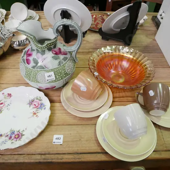3x Branksome trios, ornate jug, amber glass bowl, Aynsley plate