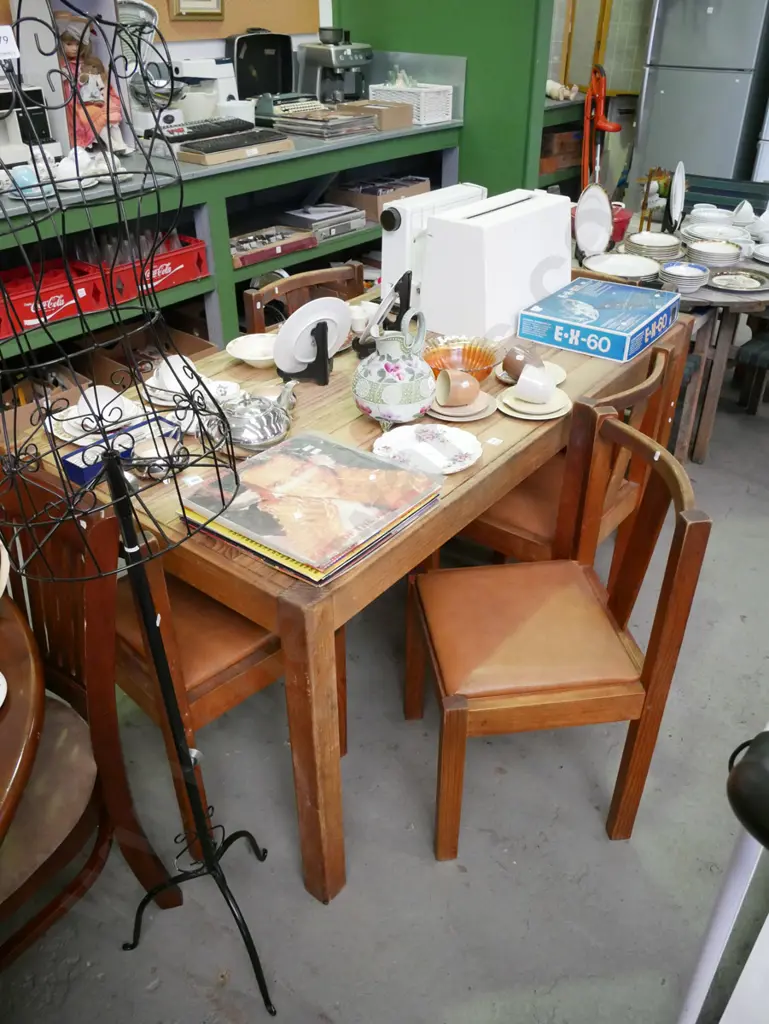 solid pine table with 5 vinyl chairs - table needs refinishing, chairs need a clean Image 1++