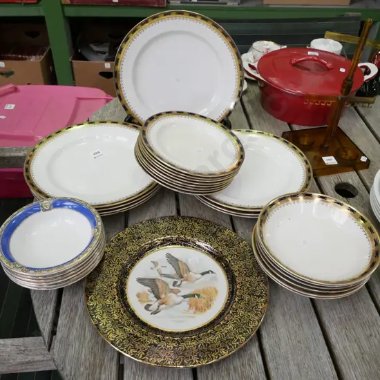 Booths gold rimmed plates and bowls, flying duck plate, 6x unbranded sweet dishes