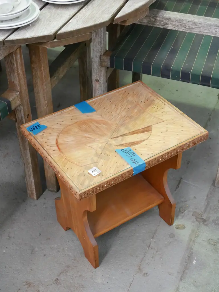 small end table with glass over matchstick art Image 1++