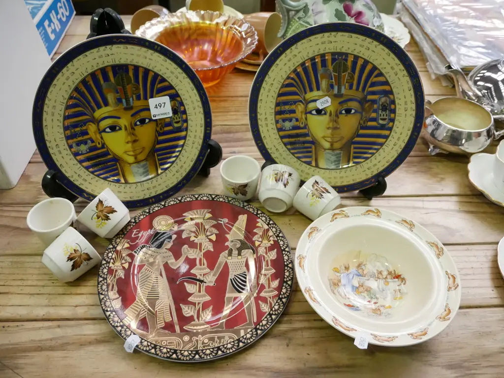 3x Egyptian souvenir plates, Autumn Splendor egg cups, bunnykins bowl Image 1++