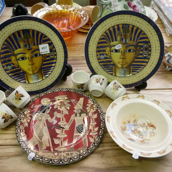 3x Egyptian souvenir plates, Autumn Splendor egg cups, bunnykins bowl