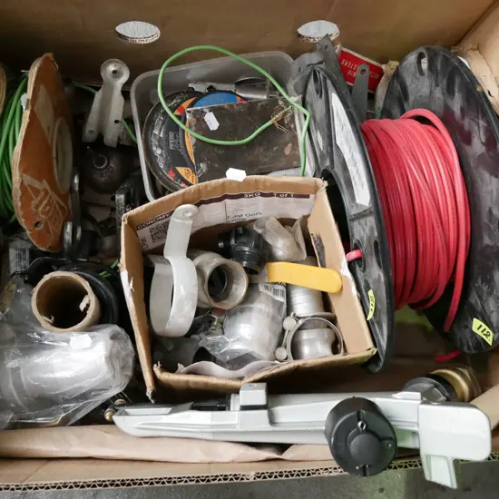 box; large heavy duty impact sprinkler, roll of cable etc