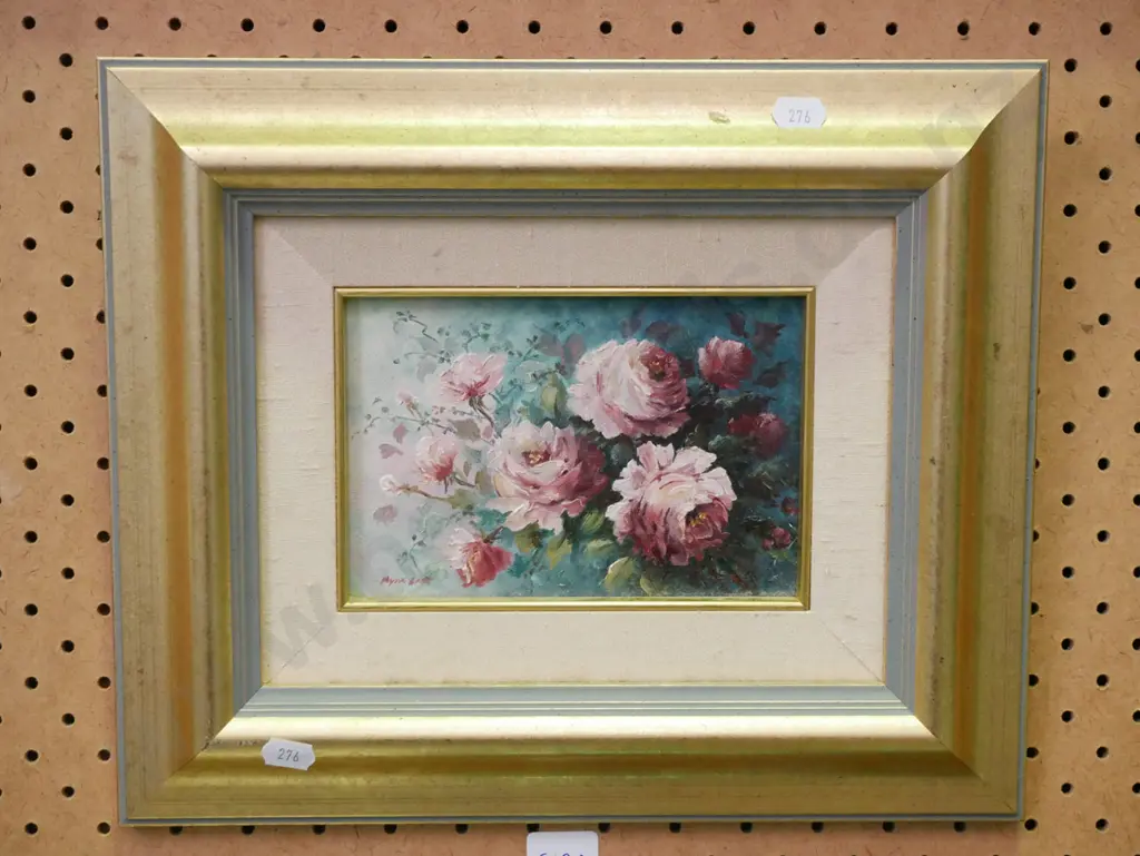 small gilt framed Myra Last oil - roses Image 1++