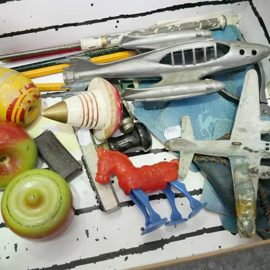 box; vintage toys, playing cards, spinning top etc