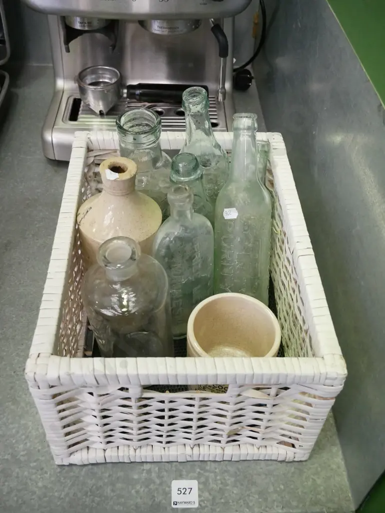 white cane basket, vintage bottles etc Image 1++