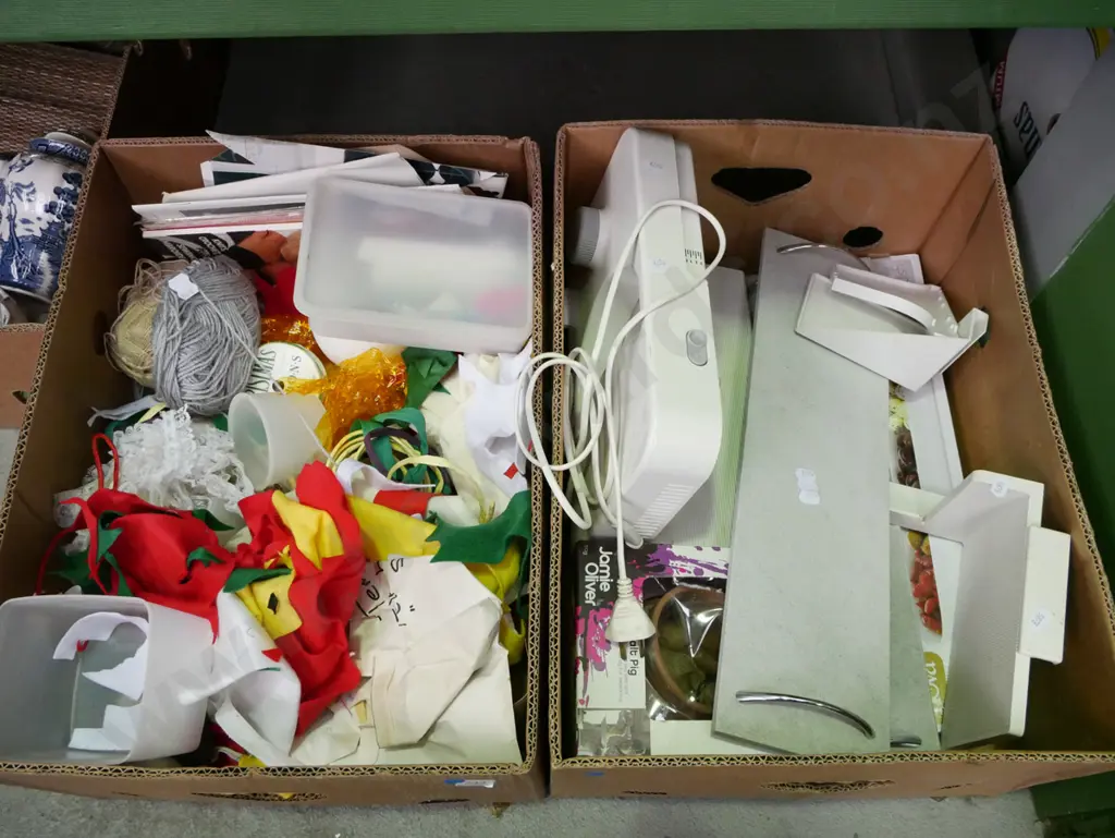 2x boxes; felt, glue gun, lace, bench top slicer, serving trays etc - blue dots Image 1++