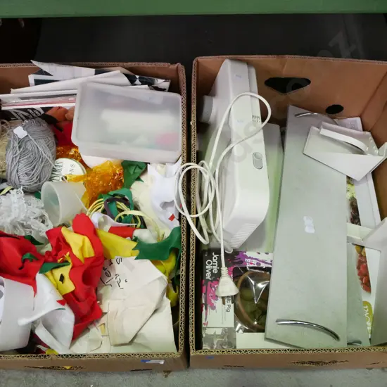 2x boxes; felt, glue gun, lace, bench top slicer, serving trays etc - blue dots