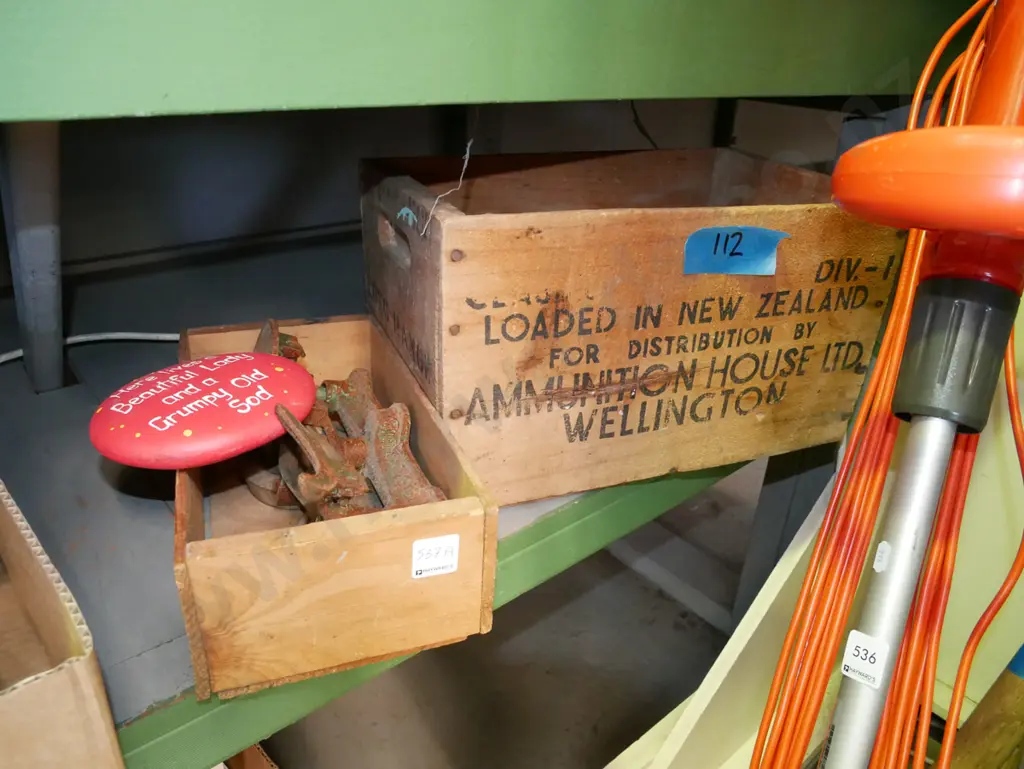 vintgae timber ammunition crate, small timber box with balance scales etc Image 1++