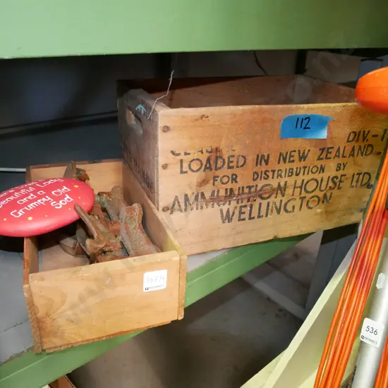 vintgae timber ammunition crate, small timber box with balance scales etc