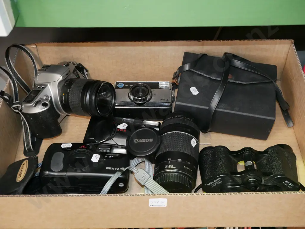box; Canon EOS 500n 35mm SLR film camera, 2 lenses, Pentax and Kodak film cameras, 8x30 binoculars Image 1++