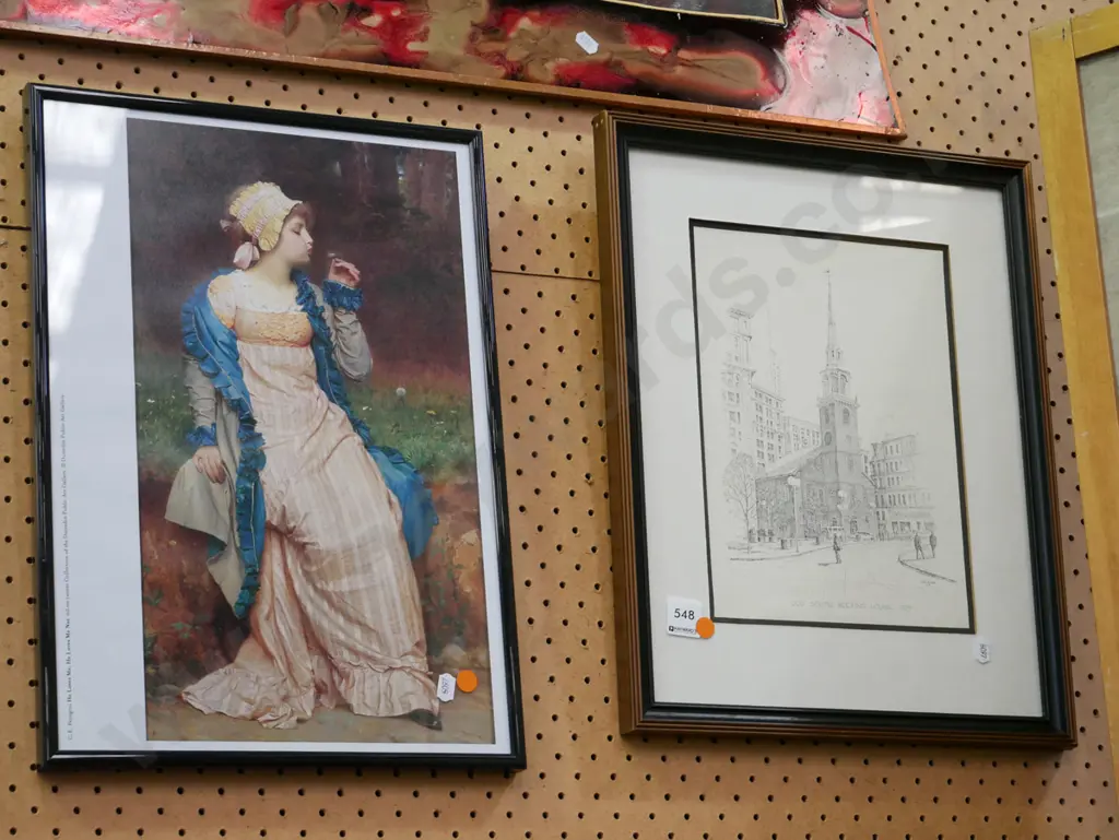 2x framed prints - meeting house, female portrait - orange dots Image 1++