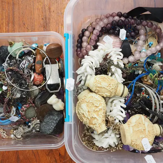 2x plastic containers of costume jewellery etc