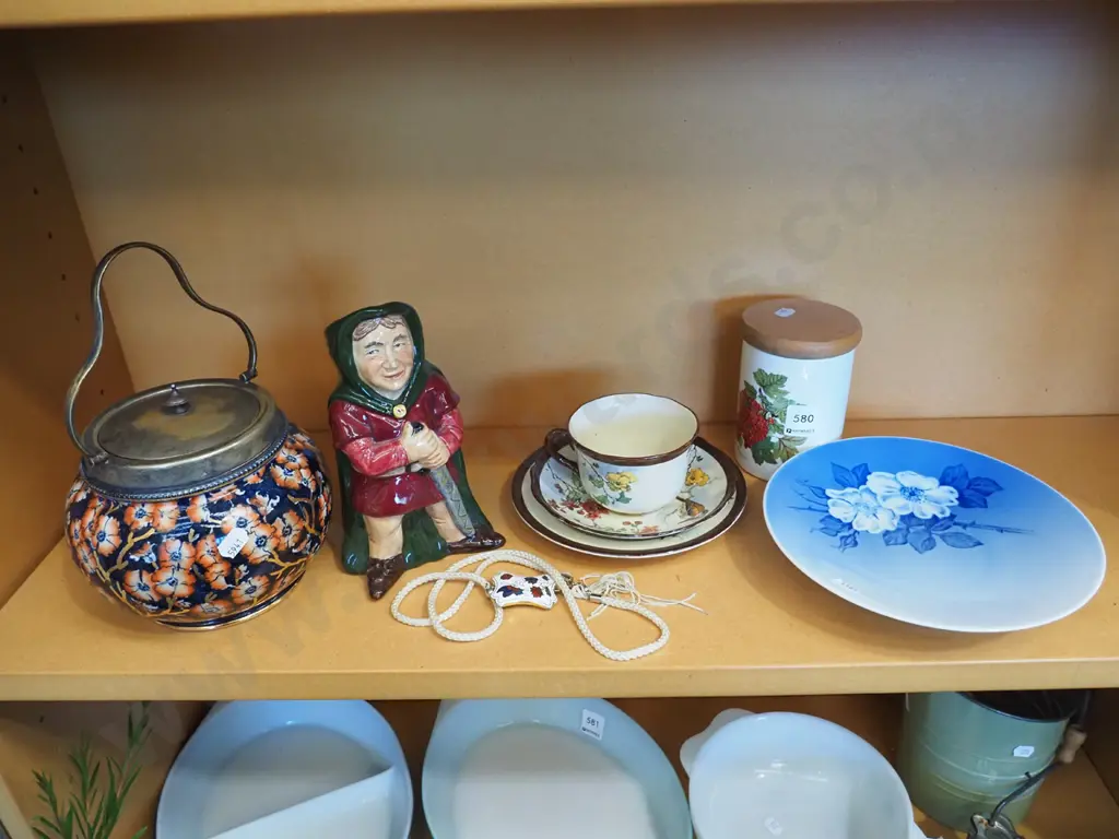 shelf; storage canister, Doulton trio, Copenhagen plate etc Image 1++