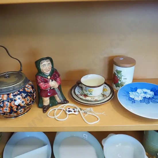 shelf; storage canister, Doulton trio, Copenhagen plate etc