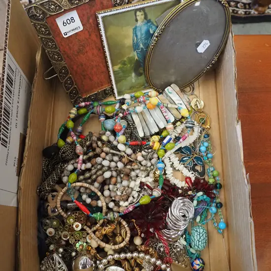 box; costume jewellery, picture frame, photo frames etc