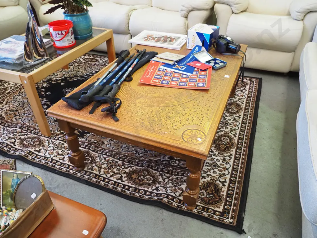 large coffee table with pressed copper map of medieval world H-430 W-1230 D-780 Image 1++