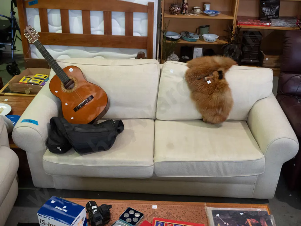 cream upholstered rolled arm 2 seater settee - some old stains Image 1++