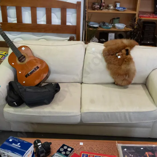 cream upholstered rolled arm 2 seater settee - some old stains